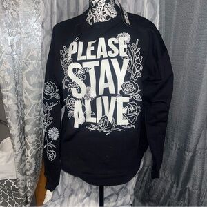 Please stay alive twloha Black Graphic Sweatshirt with White Floral Design nwt
